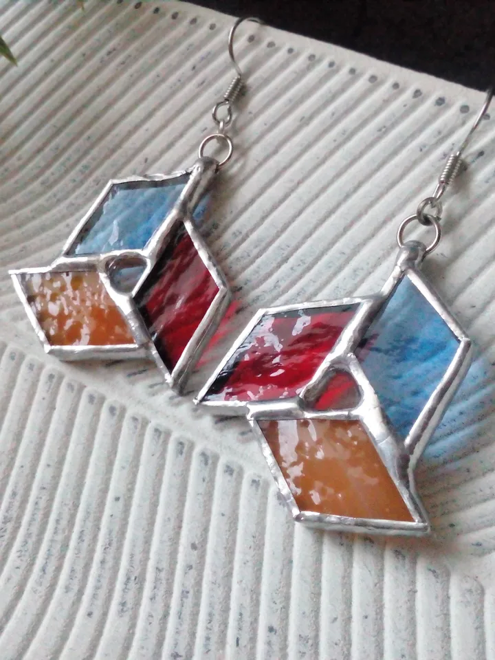 Origami stained glass earrrings - geometric handmade tiffany earrrings