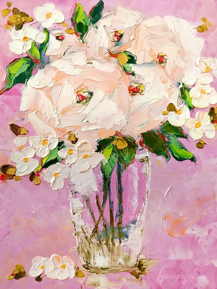 Peonies Painting Floral Original Art Impasto Painting 14x11 Oil White Flowers in by ArtProkopaloSv