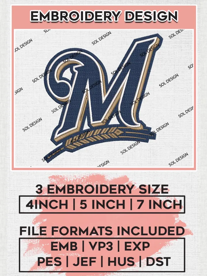 Milwaukee Brewers Logo Embroidery Designs, MLB Milwaukee Brewers Embroidery Design, MLB Embroidery Design Files, MLB Logo, 3 sizes, Machine embroidery Files, Digital Download