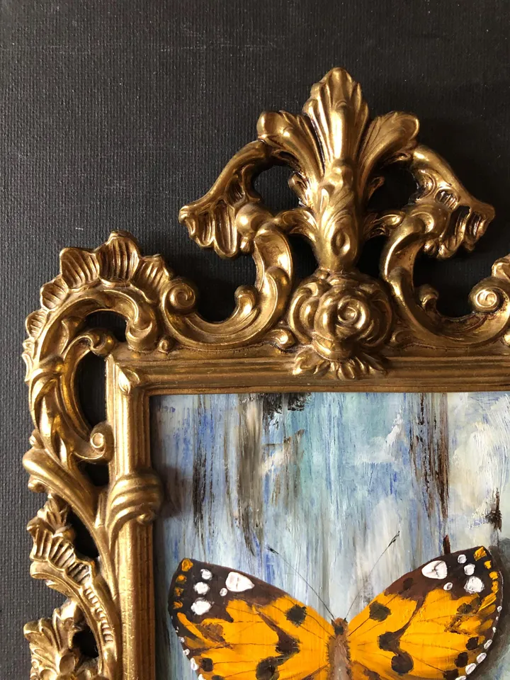 Butterfly Painting Framed Antique Metal Frame Shabby Chic Painting