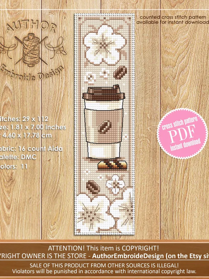 Coffee bookmark cross stitch pattern PDF download Takeaway Coffee cross stitch chart, Bookmark pattern digital PDF, Coffee lover gift #B375
