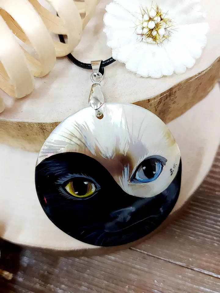 Pendant Mother-of-pearl "Yin-Yang Cat" miniature hand-painted. Russian jewelry. Gift for cat lovers. Hand-painted Necklace. MOP
