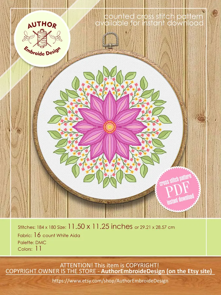 Floral mandala cross stitch pattern PDF download Simple mandala ornament hand embroidery PDF, Spring flowers cross stitch chart #M199