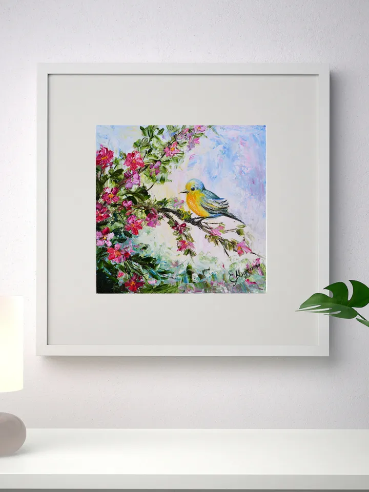 Yellow Birds Painting Original Art Bird on Flowering Branch Painting Flowers Landscape Art Spring Painting Small Bright Oil Painting 8 by 8