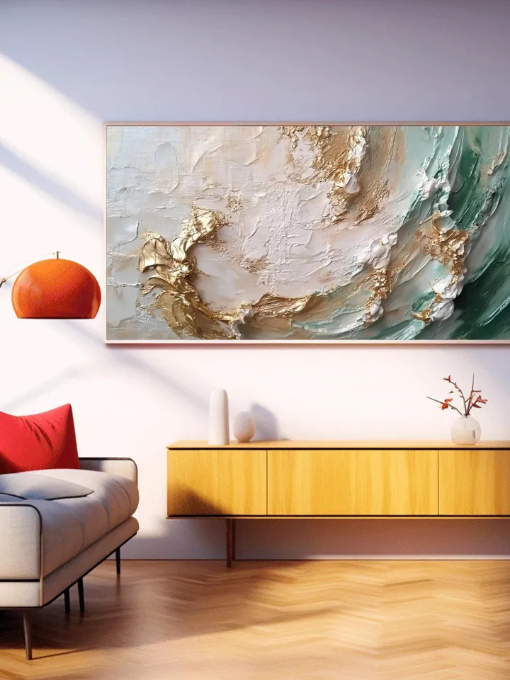 Original Abstract Golden Waves Oil Painting on Canvas | Elegant White, Gold, and Teal Art | Large Textured Wall Decor | Living room Wall Art