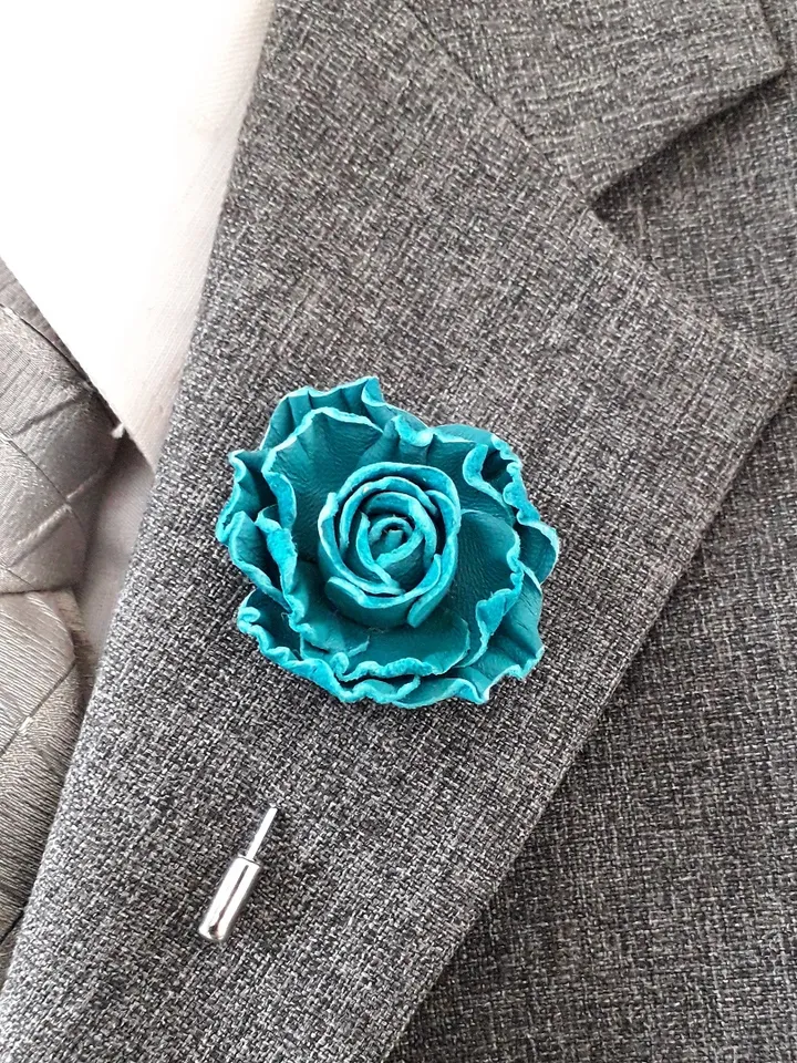 Turquoise rose men's lapel pin Leather boutonniere for him 3rd anniversary gift, art.12