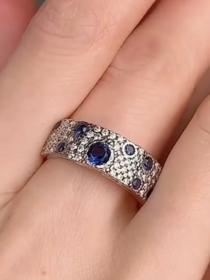 Women's ring silver 925, gold plated with cubic zirconia and sapphire