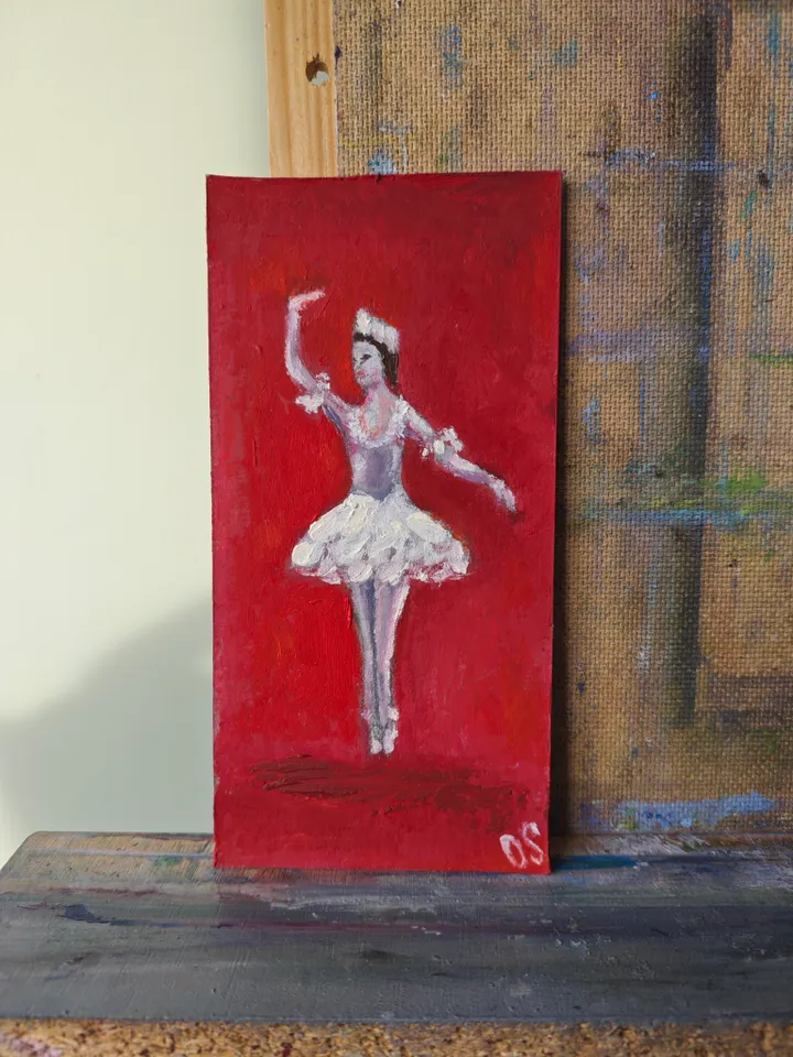 Ballerina Original Painting Ballet Dancer Original Art Ballerina Red Modern Artwork Red Background Ballet Dancer Wall Decor Ballet Oil Painting 4x8 inches by OlgaSokolovaArt