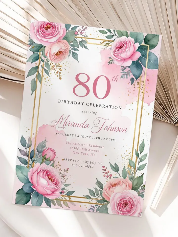 80th Birthday Invitation for Women – Pastel Dusty Pink Floral & Gold, Elegant Printable Party Invite for Women or Mom, Canva Template