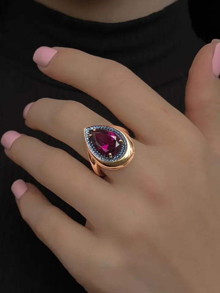 Ring silver 925 gold plated with amethyst and sapphire
