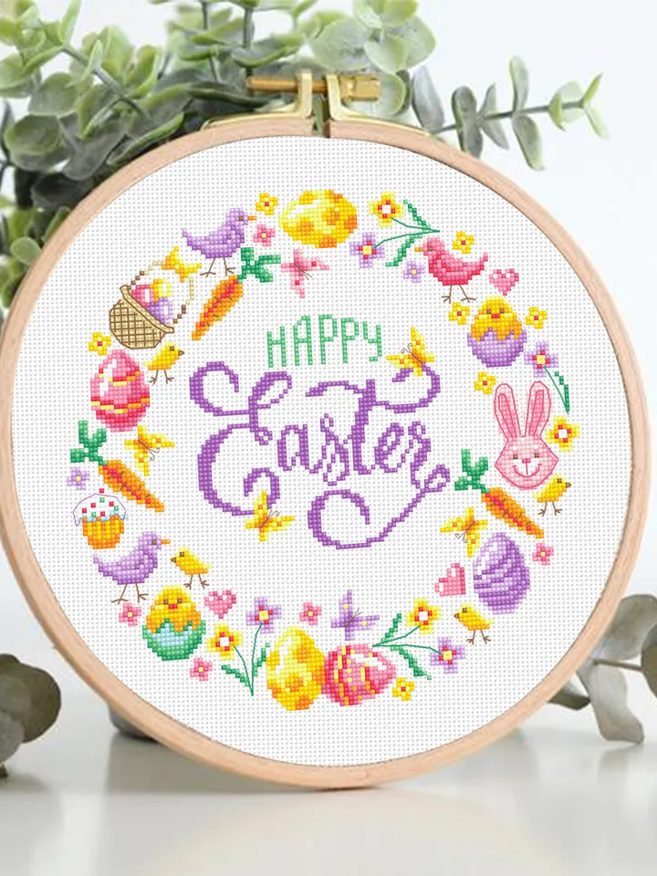 Easter wreath cross stitch pattern PDF download Happy Easter cross stitch chart, Pastel Easter pattern digital PDF, Easter wall decor #T32