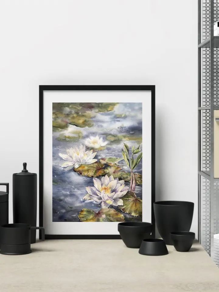 Lotus Watercolor Painting Water Lilies Art Print Lotus Artwork Lotus Pond Wall Art