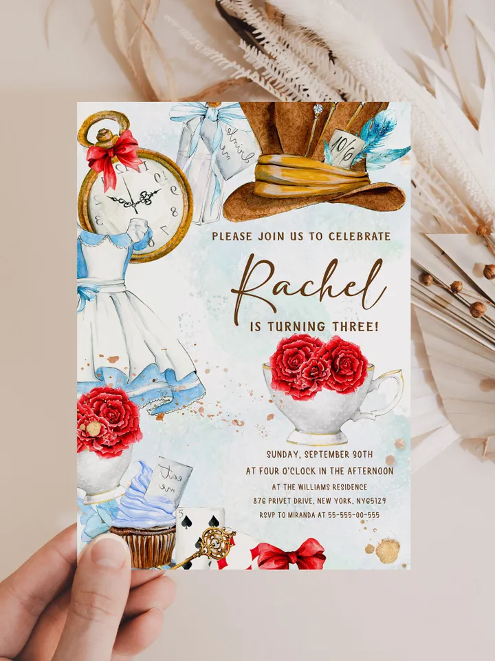 Editable Alice in Wonderland Birthday Party Invitation; Alice Tea Party 1st Girl Birthday Onederland Birthday Invitation Instant Download