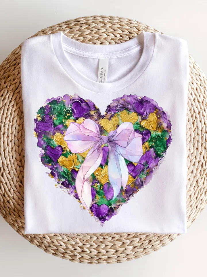 Mardi Gras Heart Brushstroke png, Coquette Bow Mardi Gras Shirt Mardi Beads Louisiana Festival,New Orleans Carnival Heart Brushstroke png