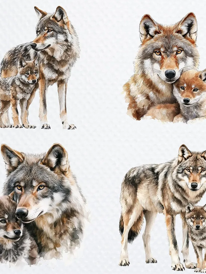 14 Wolf And Baby Wolf PNG Bundle, Little Wolf CubPrintable Watercolor clipart for sublimation, High Quality PNGs, crafting, junk journal