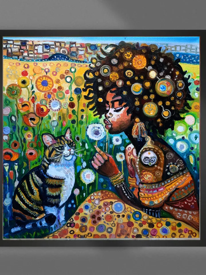 African Girl and Cat   Art  Original Oil painting Oil on canvas