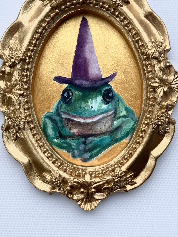 Framed Witch Frog Painting Original Green Frog Artwork Amphibians Art Watercolor Painting Tiny Artwork