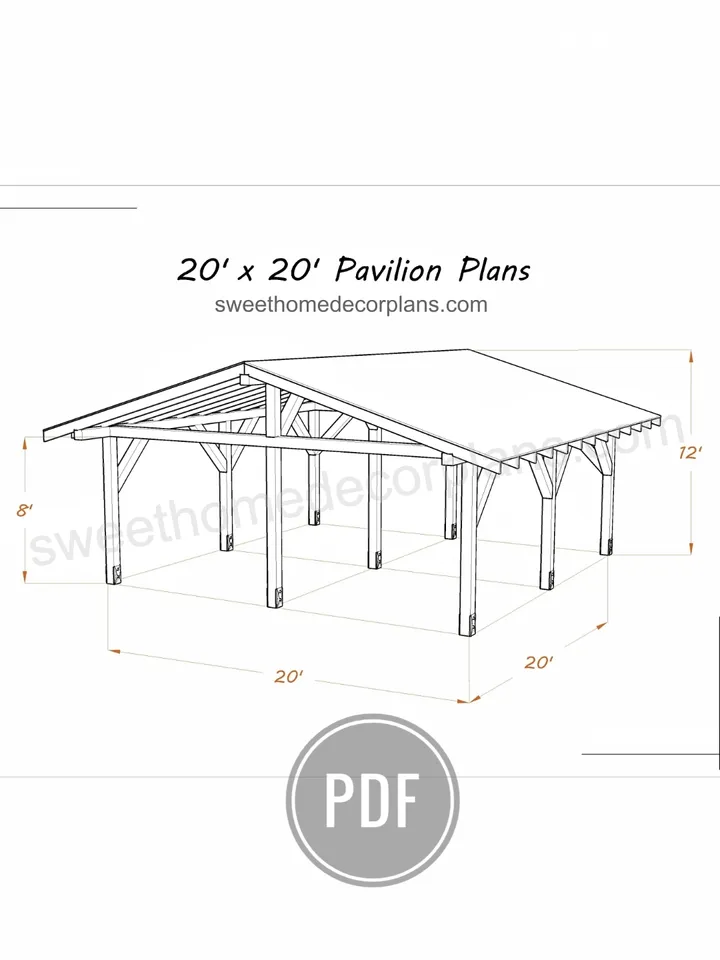 Diy 20 x 20 gable pavilion plans pdf. Carport pdf plans. Garage plans. Wooden outdoor covered gazebo plans. Backyard timber frame plans for outdoor