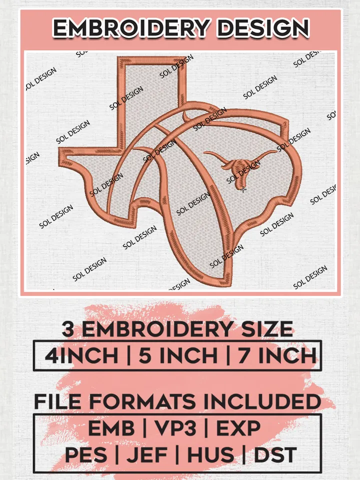 NCAA Texas Longhorns Team Map Logo Embroidery Design Files, NCAA Texas Longhorns Machine Embroidery, NCAA Teams, 3 sizes, NCAA Machine embroidery designs, Digital Download