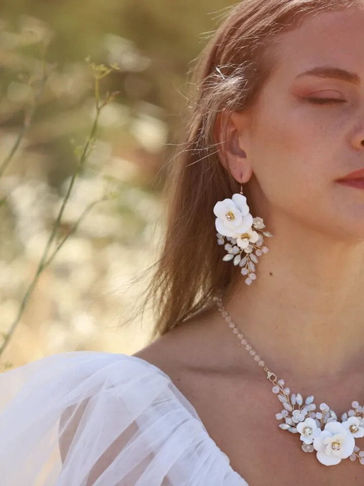 Boho Wedding Jewelry Set For Brides, Floral Bridal Earrings, Boho Wedding Earrings, Flower Wedding Earrings, Statement Wedding Jewelry Set