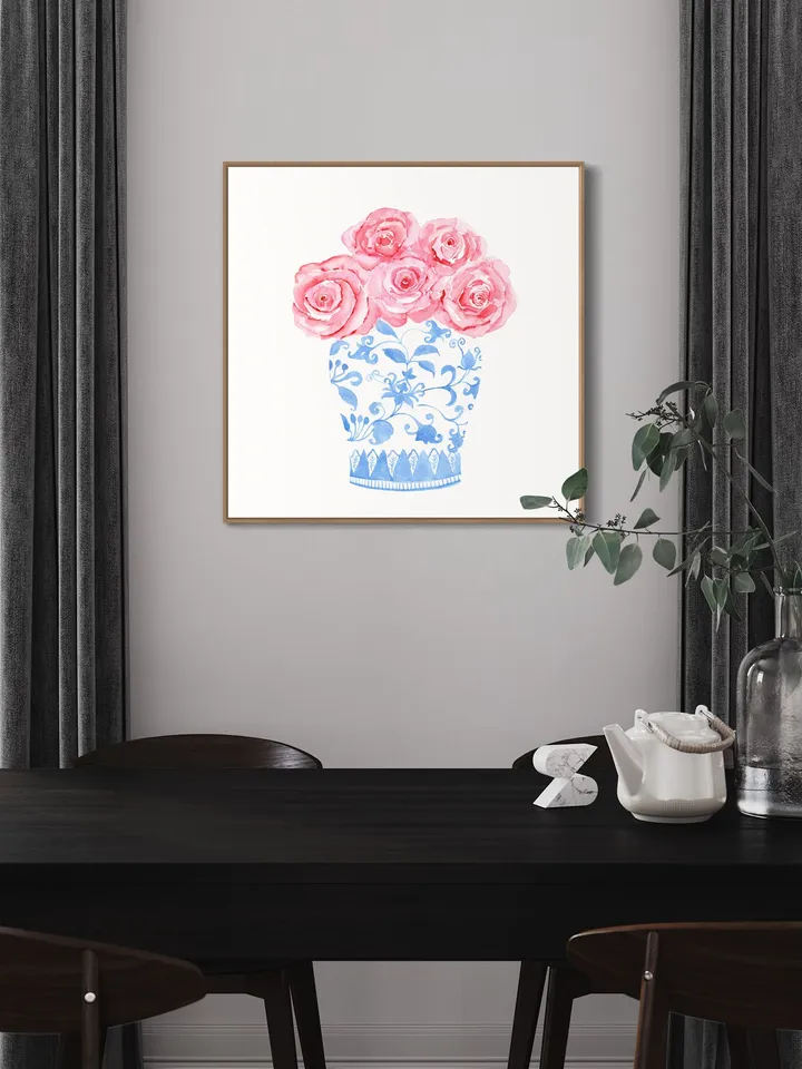 Blue Chinoiserie Vase Pink Rose Print, Watercolor Painting, Porcelain Giclee, Ginger Jar, Hampton Style Decor, Gift For Her, Blue And White