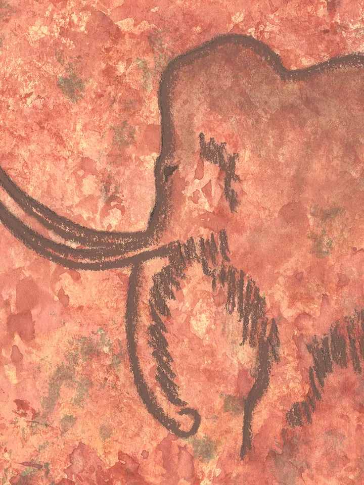 Hunter and mammoth wall art | Original Pastel and Watercolor Artwork Ancient Cave Painting Style | Prehistoric art | Handmade Artwork | Stylization of rock art | Drawings of a prehistoric man
