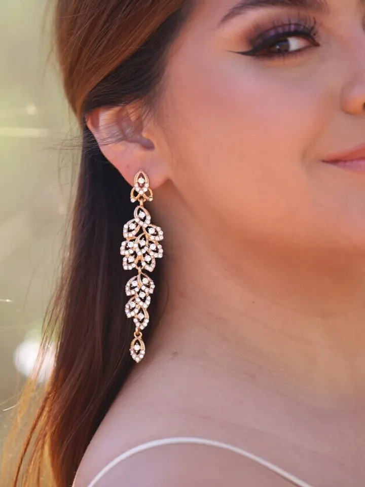 Extra Long Boho Wedding Earrings, Swarovski Crystal Statement Wedding Earrings, Champagne Gold Bridal Earrings, Statement Wedding Jewelry,