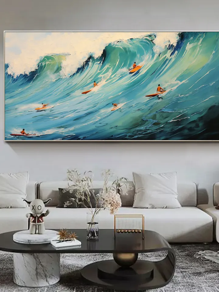 Original Surf Painting on Canvas, Custom Painting, Large Wall Art Personalized Gift, Blue Ocean Waves Nature Scenery Art, Bedroom Wall Decor