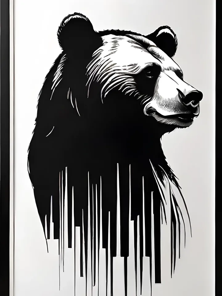 Digital product, Bear image, Bear print, Bear print, Wildlife, Contrast print, Black and white silhouette, Monochrome print, Symbolic painting, Bear poster.