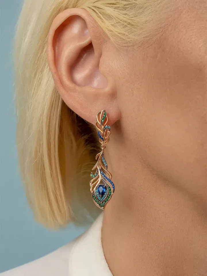 Women's earrings, 925 gold plated silver, Peacock feathers with blue and green cubic zirconia, bird of happiness
