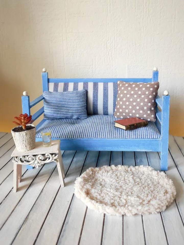 Dollhouse Furniture Set with Blue Sofa and Accessories for dolls scale 1/6