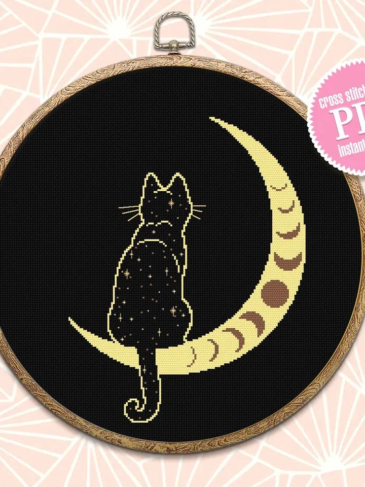 Mystical moon phase and cat cross stitch pattern download PDF Magic crescent moon cross stitch, Galaxy cat silhouette Boho cross stitch #K56