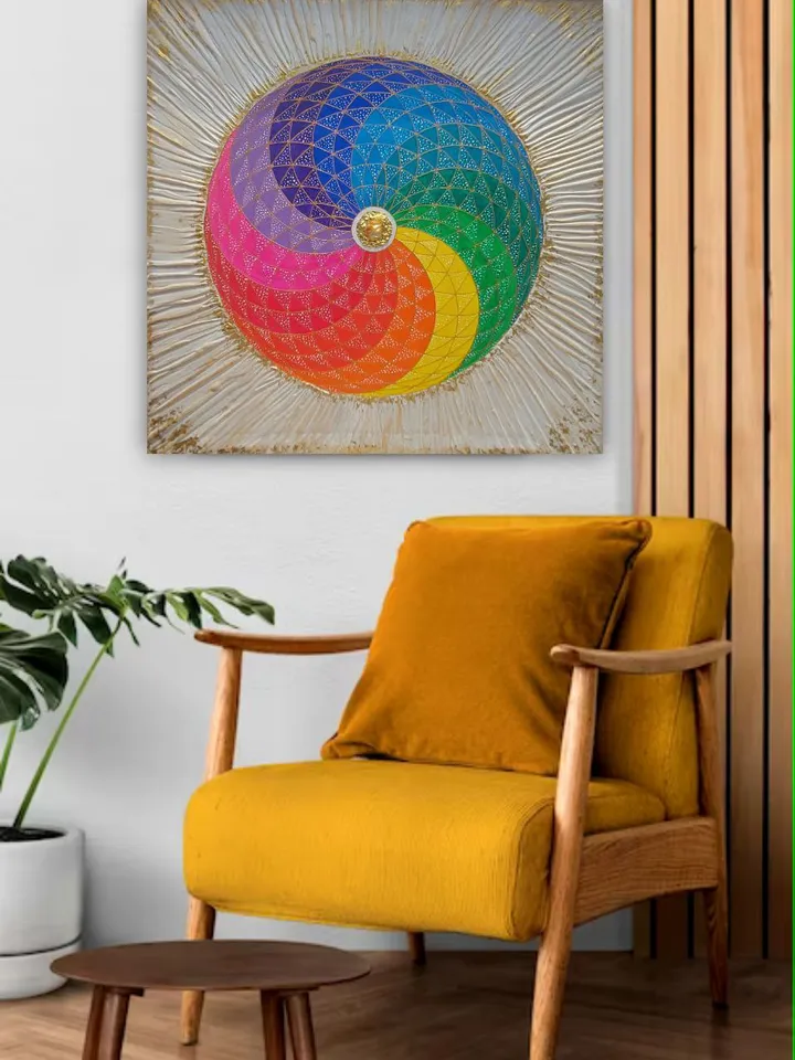 The rainbow sphere, with sacred geometry and white rays surrounding it