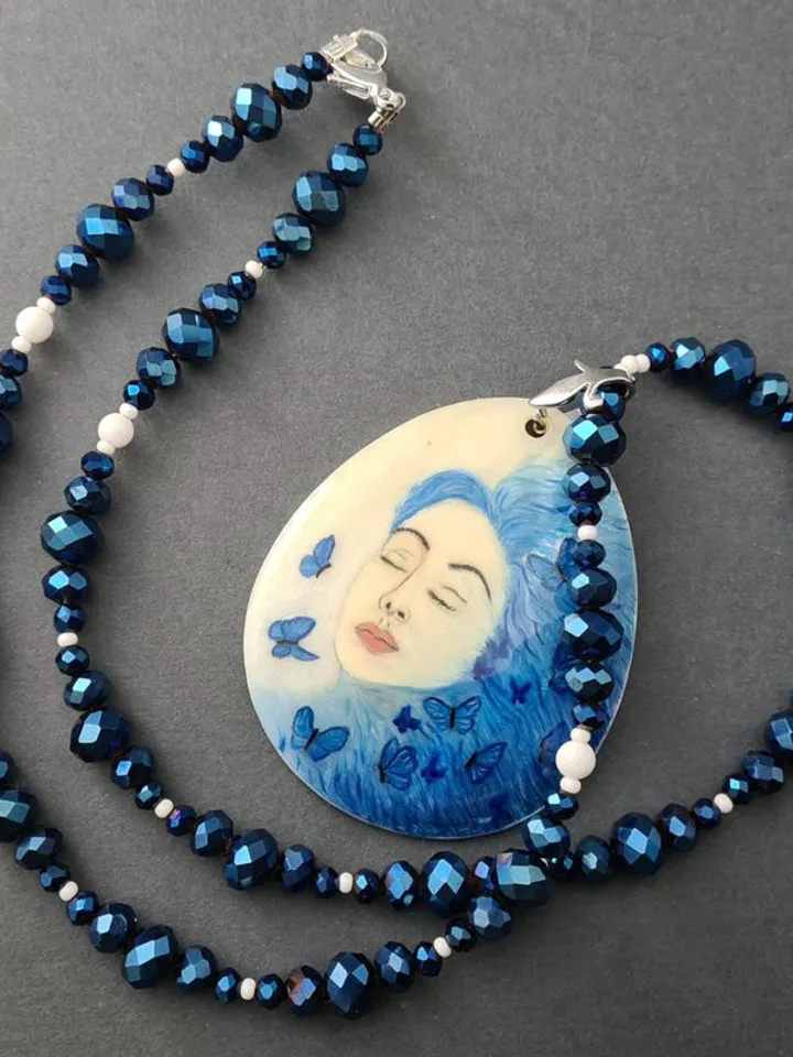 Hand painted jewelry, hand painted necklace, miniature painting on pearl pendant