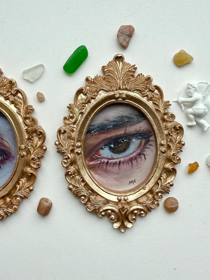 Original Framed Lover's Eye Antique Painting Illustration Vintage Style Small