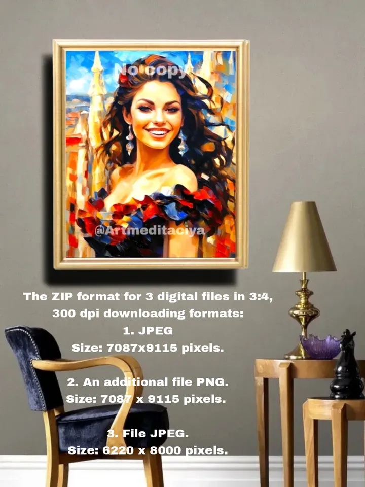 The digital abstract textural painting "Spaniard by Gaudi" in the style of oil painting with a palette knife on an abstract background of architecture and Gaudi mosaics is an image of a dynamic smiling Spanish brunette in a black and multicolored neckline