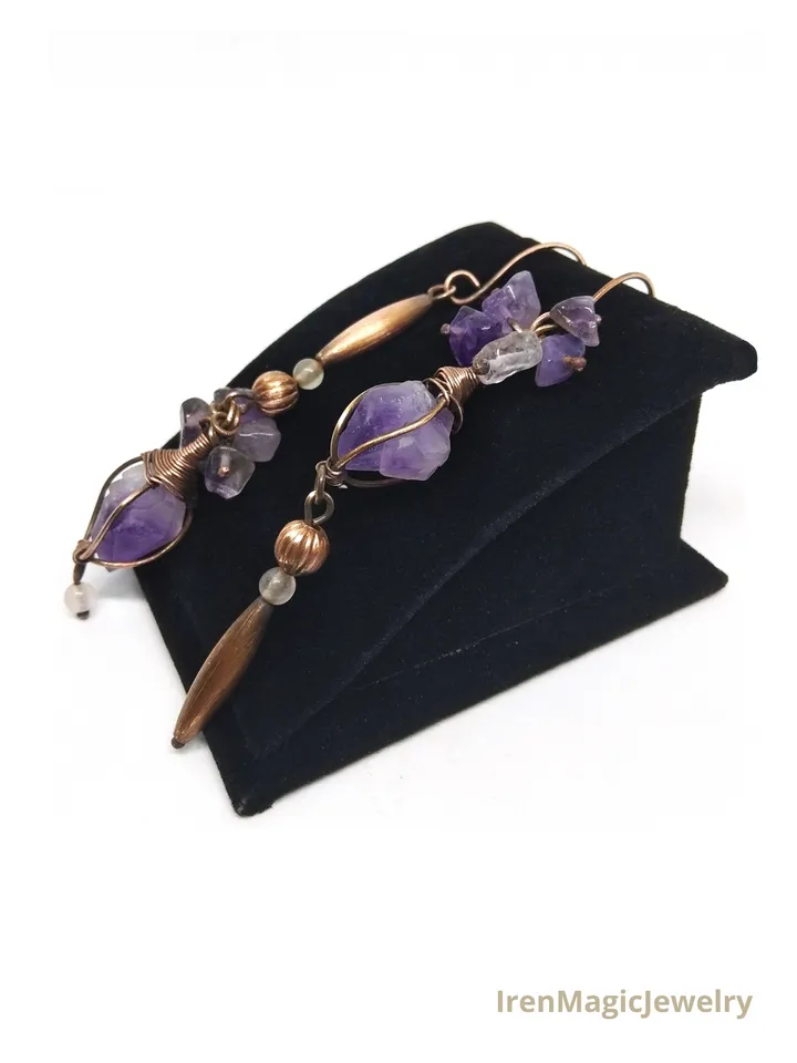 Asymmetrical Tribal Earrings – Copper & Amethyst Crystals