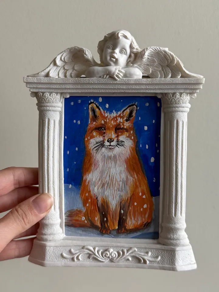 Fox Gouache Painting Original In Vintage Style Frame Small Framed Animals Wildlife Art