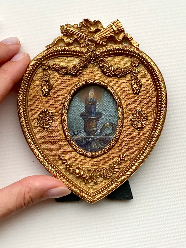 Candle Oil Painting Original In Vintage Style Frame Small Framed Still Life Art