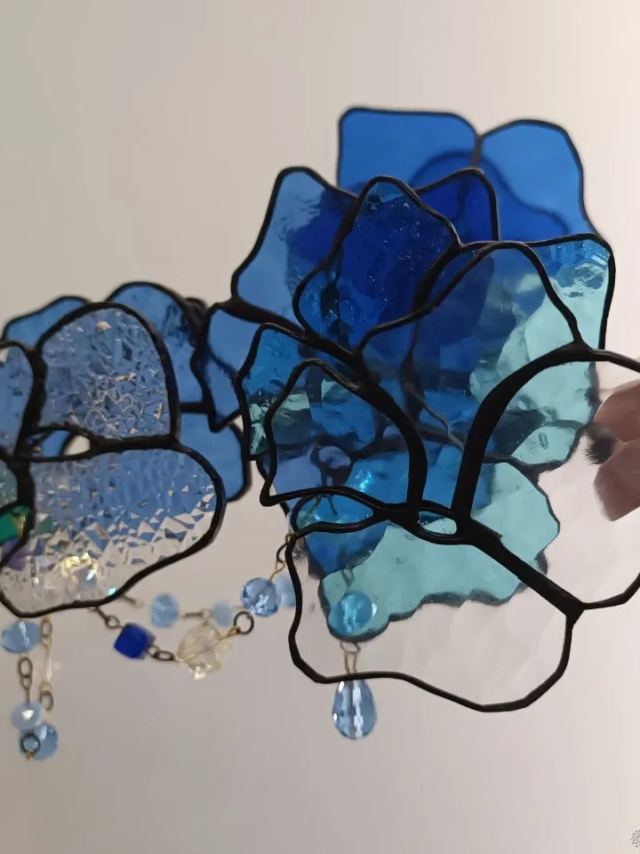 3D Blue-Turquoise Branch, 3D Blue-Turquoise Floral Branch in Stained Glass, 3D Stained Glass Branch with Blue and Turquoise Flowers, Blue and Turquoise 3D Stained Glass Stem, 3D Blue-Green Flowering Branch in Stained Glass, Stained Glass 3D Branch in Blue