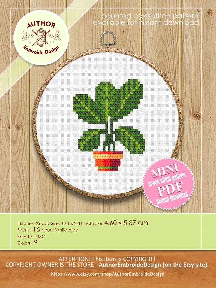 Mini plant cross stitch pattern download PDF, Small floral cross stitch chart, Quick cross stitch sampler, Potted plants embroidery PDF #P18