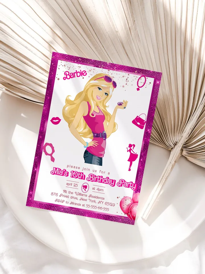 Doll Party Birthday Invitation; hot pink doll party birthday invitation editable template; cute doll girl birthday party bar12