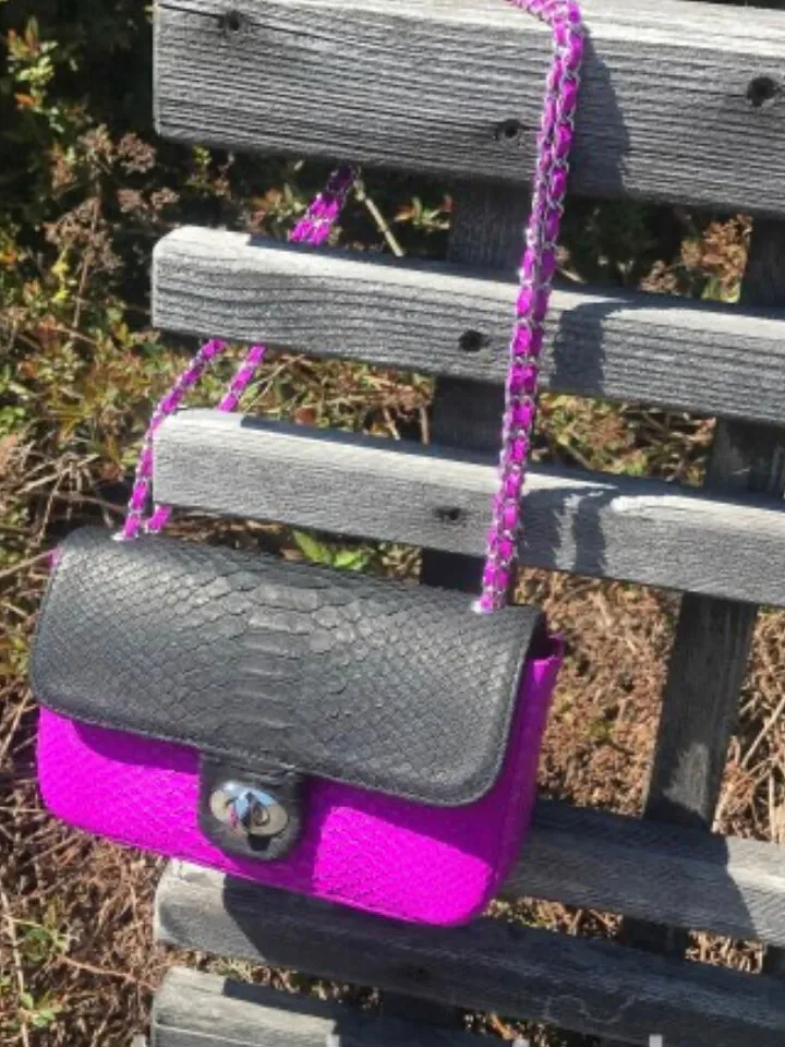 Genuine Python Skin Crossbody Chain Bag | Bright Summer Bag | Elegant Women Bag | Chain Strap Crossbody Black and fuchsia classy Purse