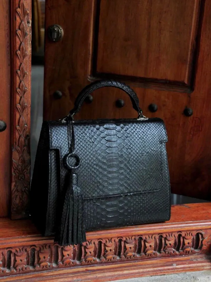 Top handle black classy genuine python skin big bag | exotic leather bags | Elegant women purse | snake skin bag | designer leather bag