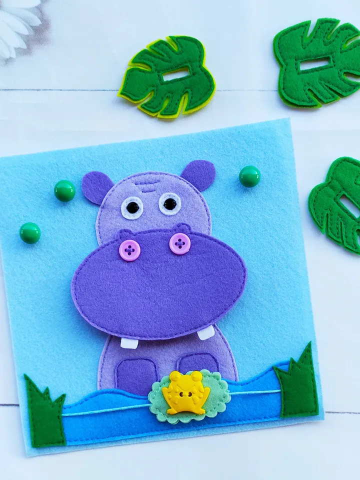 Hippo & Frog Quiet book Pattern pdf , Felt book pattern svg, Soft sensory book template, Busy book sewing ideas for kids 2, 3, 4 year old