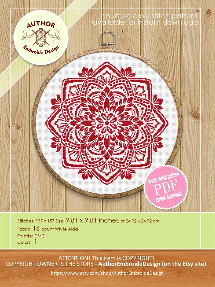 Mandala cross stitch pattern PDF download Monochrome mandala pattern digital PDF, Simple cross stitch chart for beginner, Home decor #M249