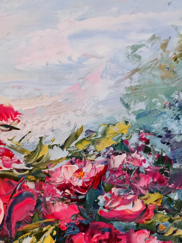 Oil Painting Peony Flowers Bushes Landscape Impasto Original Artist Svinar Oksana