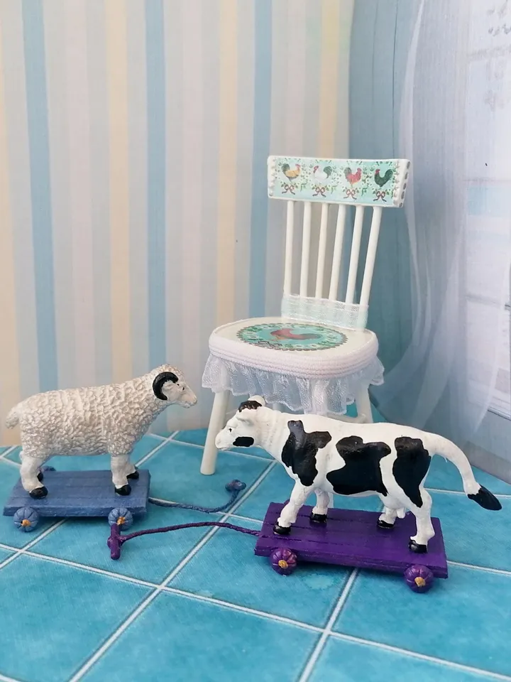 Animals on the cart. Doll toy. Scale 1:12.