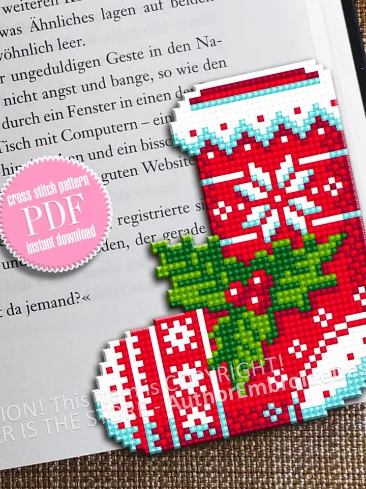Christmas corner bookmark cross stitch pattern PDF download Christmas stocking cross stitch chart, Christmas bookmark pattern digital #B386