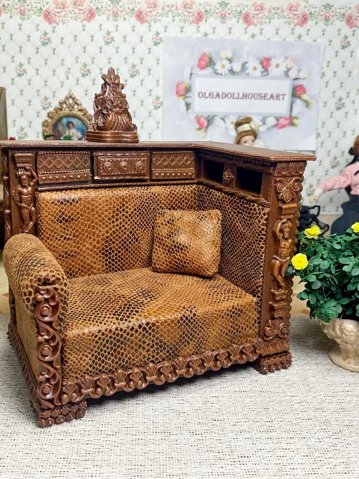 Sofa for filling the interior of a doll house on a scale of 1:12. Vintage handmade sofa. Replica of an antique sofa.